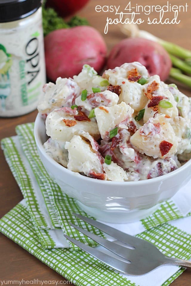 Super easy potato salad recipe using only FOUR simple ingredients! Perfect to serve with your next BBQ. Plus it's gluten-free!