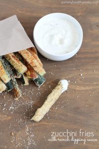 Package of Baked Zucchini Fries with a side of yummy ranch dipping sauce + 43 Healthy Snack Ideas