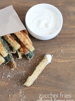 Package of Baked Zucchini Fries with a side of yummy ranch dipping sauce + 43 Healthy Snack Ideas