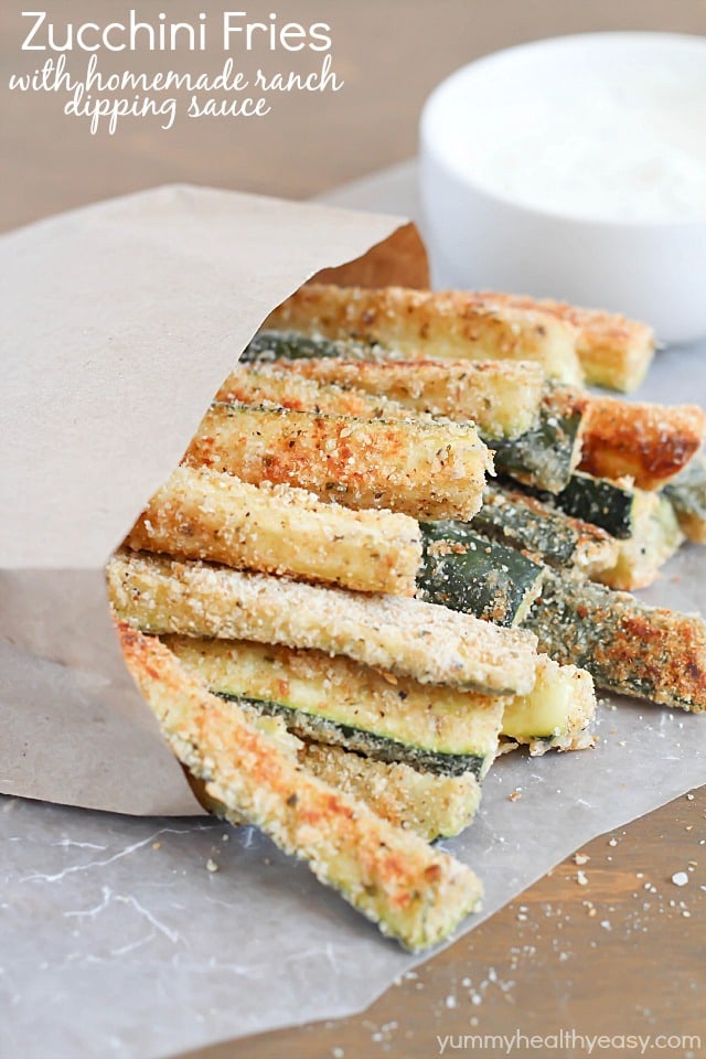 Baked Zucchini Fries with yummy ranch dipping sauce - fun and easy side dish that's healthy and delicious!