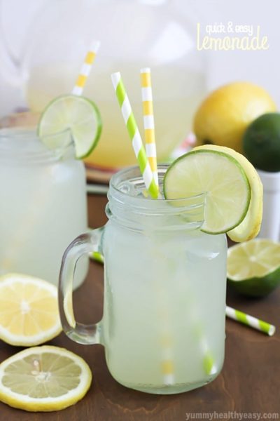 Quick & Easy Lemonade, perfect for a hot summer day! Tart, tangy & just a touch fizzy. Simple and delicious with no squeezing required!