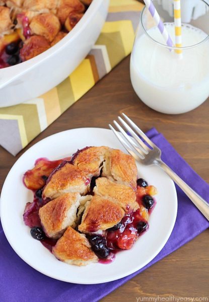 A quick and easy version of a classic cobbler by using refrigerated biscuits to create an easy topping over fresh peaches and blueberries. So delicious and EASY!