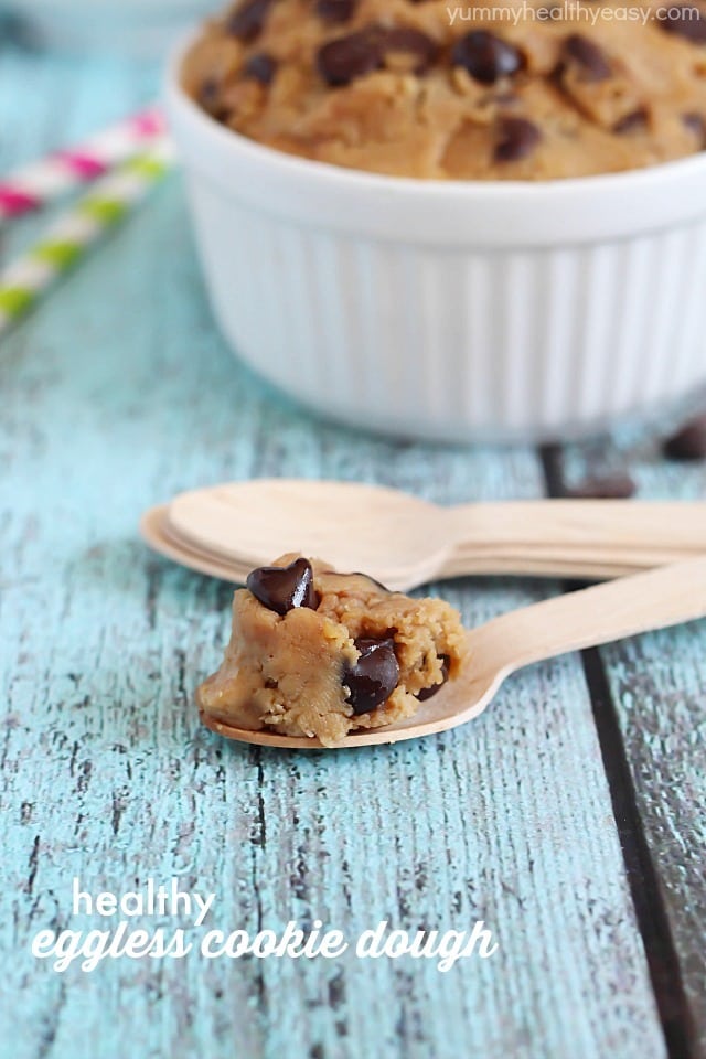 Healthy Eggless Cookie Dough - no-bake cookie dough you can eat with a spoon! It's made from a secret ingredient... garbanzo beans! #glutenfree #dairyfree #vegan