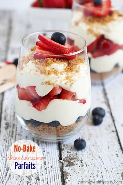 No-Bake Cheesecake Parfaits - layered with graham cracker crumbs, sliced strawberries, blueberries and easy no-bake cheesecake filling. Perfect for 4th of July!
