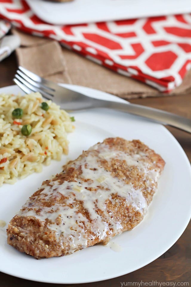 Pecan crusted chicken breasts cooked in a skillet, then topped with an apple cream sauce. Unique, unbelievably delicious & so easy!
