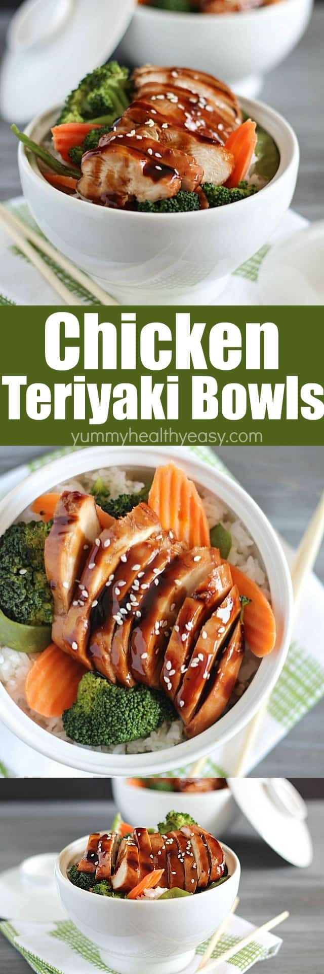 Delicious Chicken Teriyaki Bowls with chicken baked in a homemade teriyaki sauce then layered on top of a bed of rice & veggies! via @jennikolaus