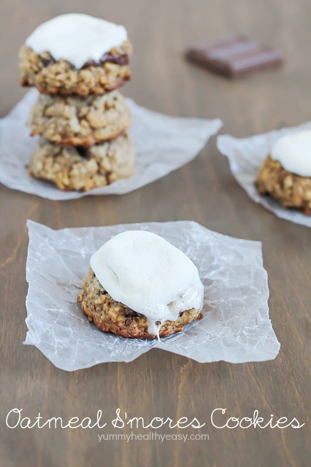 Moist and chewy oatmeal cookies with graham crackers and chocolate pieces inside and an ooey gooey marshmallow cooked on the top!