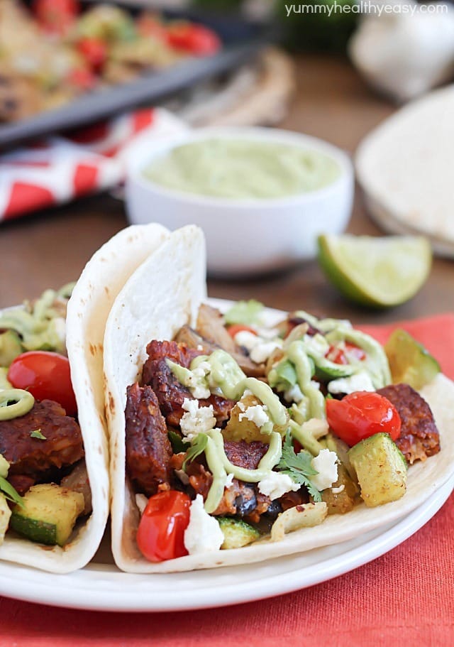 Roasted Vegetable & Black Bean Tacos served with Avocado Crema. Healthy, meatless and delicious! #ad #morningstarfarms