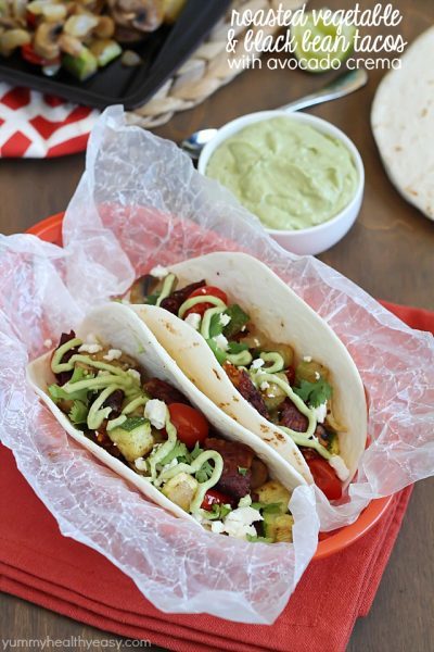 Roasted Vegetable & Black Bean Tacos served with Avocado Crema. Healthy, meatless and delicious! #ad #morningstarfarms