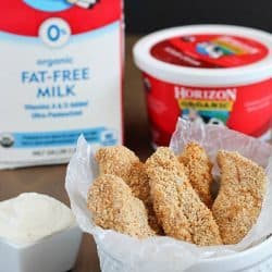 Baked Chicken Strips dipped in a Creamy Parmesan Dip