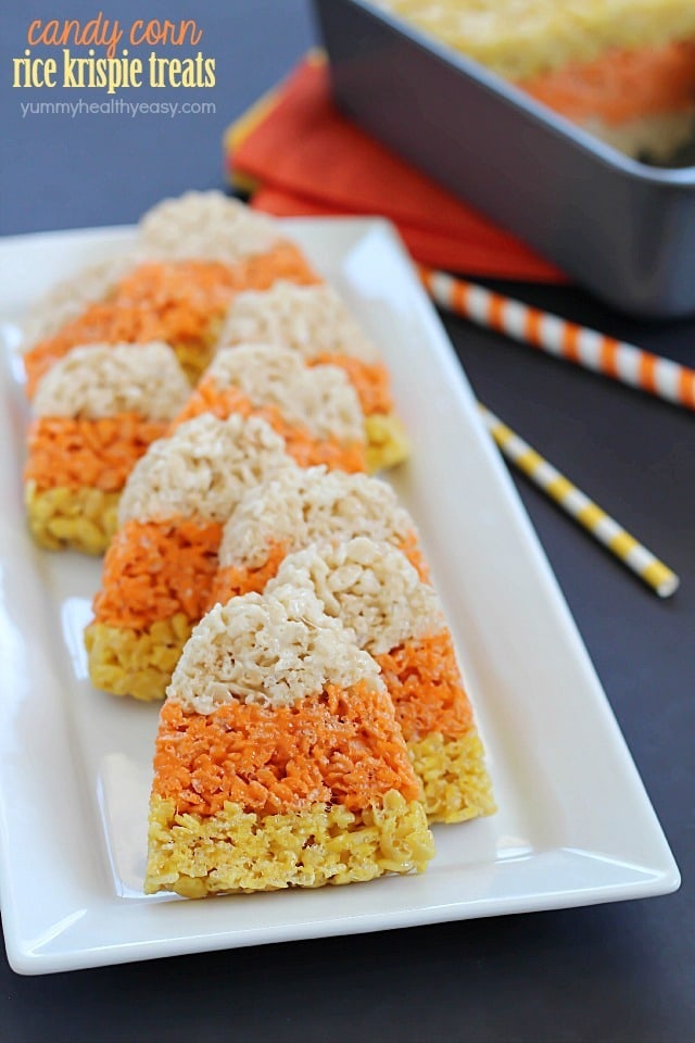 Candy Corn Rice Krispie Treats are a fun Halloween tradition!