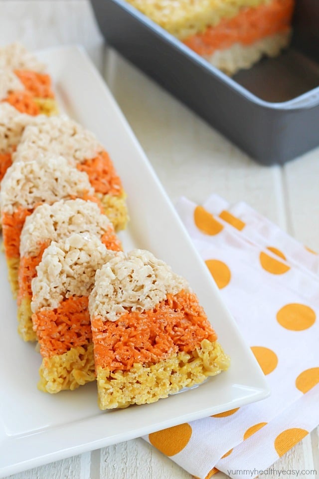 Candy Corn Rice Krispie Treats are a fun Halloween tradition!