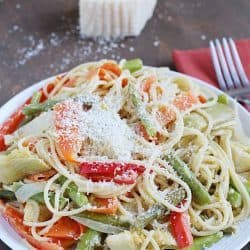Pasta Primavera lightened up and filled with veggies for a healthy and light meatless dinner!
