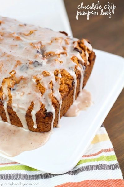 Chocolate Chip Pumpkin Loaf - so moist and delicious, with a spiced glaze drizzled over the top. Best pumpkin bread ever!