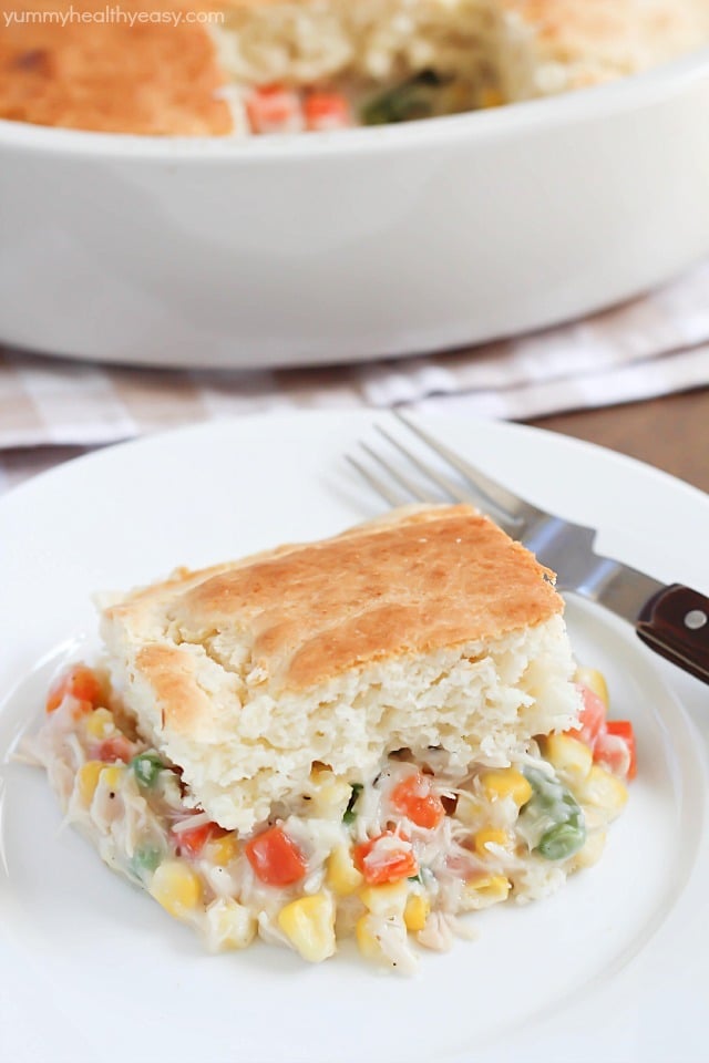 Quick and easy chicken pot pie recipe using baking mix, frozen veggies, and NO cream of chicken soup! 