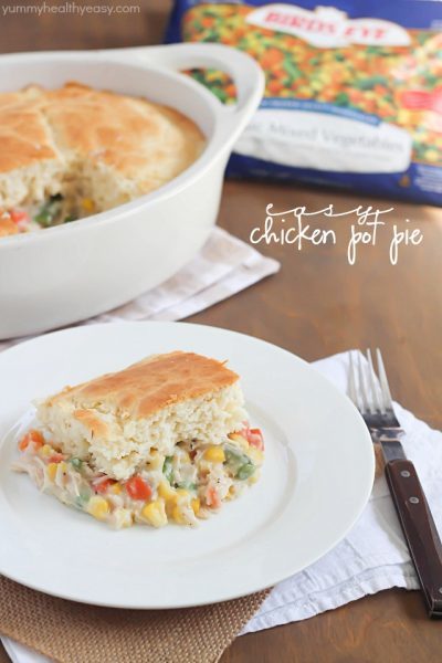 Quick and easy chicken pot pie recipe using baking mix, frozen veggies, and NO cream of chicken soup!
