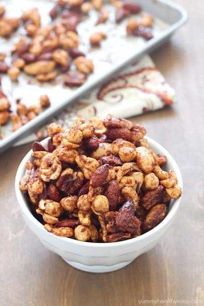 Healthy Spiced Nuts - perfect football-watching snack! Mixed nuts baked with spices to make the perfect salty/sweet treat.