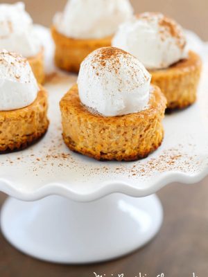 Perfect single-size Mini Pumpkin Cheesecakes full of soft, creamy, pumpkin yumminess and less than 160 calories per cheesecake! Best fall dessert yet!