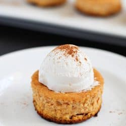 Perfect single-size Mini Pumpkin Cheesecakes full of soft, creamy, pumpkin yumminess and less than 160 calories per cheesecake! Best fall dessert yet!