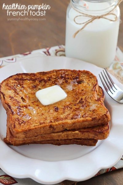 Crazy amazing Pumpkin French Toast made healthier by using egg whites and 100% whole wheat bread. #ad #daveskillerbread