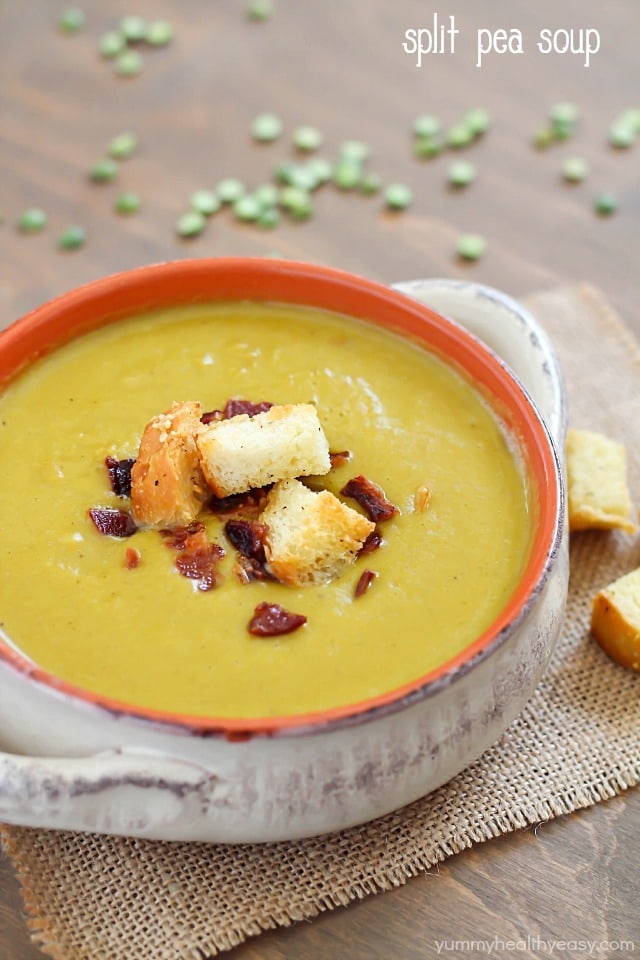 Split Pea Soup with Bacon and Homemade Parmesan Croutons! So flavorful and delicious!
