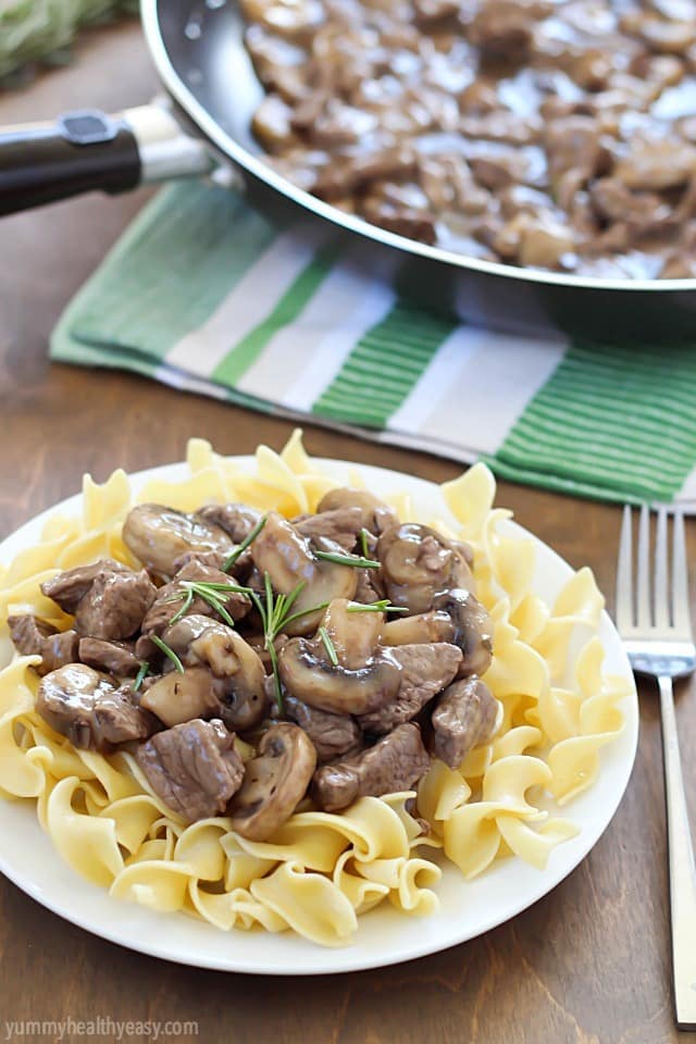 Quick & Easy Beef and Mushrooms recipe, cooked in one pot and in 15 minutes! Perfect comfort food dinner for a busy night, using only 3 ingredients.