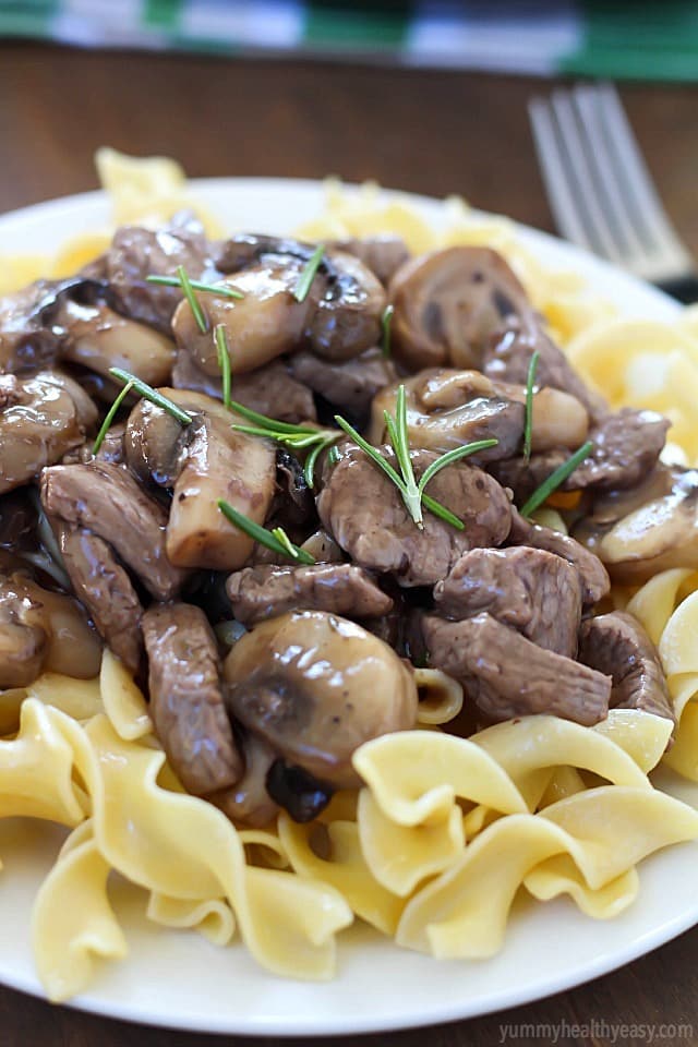 Quick & Easy Beef and Mushrooms recipe, cooked in one pot and in 15 minutes! Perfect comfort food dinner for a busy night, using only 3 ingredients.