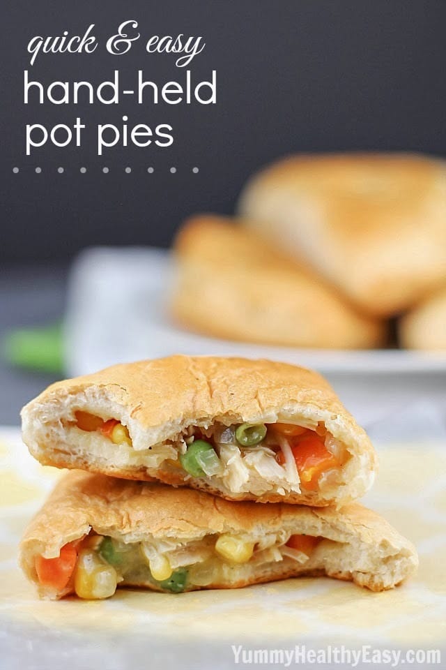 Quick & Easy Hand-Held Pot Pies - Refrigerated biscuits filled with easy chicken and vegetable pot pie mixture, folded to make a hand pie and then baked.
