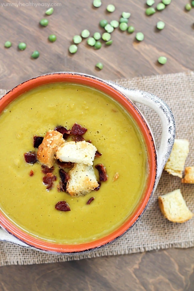 Split Pea Soup with Bacon and Homemade Parmesan Croutons! So flavorful and delicious!