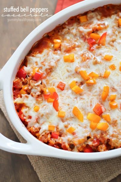 Take those boring stuffed peppers to the next level by turning them into a stuffed pepper casserole! Everything good about stuffed bell peppers but in casserole form, using ground turkey, brown rice, bell peppers, spices and cheese, of course! Delicious, healthy and satisfying casserole dish.