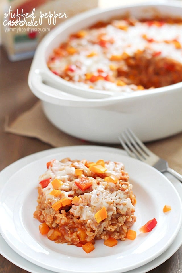 Take those boring stuffed peppers to the next level by turning them into a stuffed pepper casserole!  All the best about stuffed peppers but in a casserole dish, with ground turkey, brown rice, peppers, spices and of course cheese!  Delicious, healthy and filling casserole.