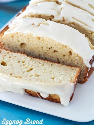 Light and moist eggnog bread drizzled with an eggnog glaze. So much flavor packed into one loaf! Soft, moist and delicious. This is a must-make!