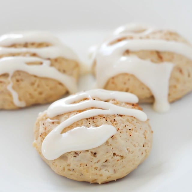 Soft (healthier) Eggnog Cookies drizzled with a light eggnog glaze over the top makes for a pretty darn near perfect dessert!