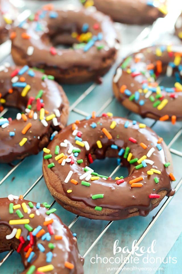 Delicious Baked Chocolate Cake Donuts that are soft, chocolatey and light with the best chocolate glaze on the top. And of course, sprinkles too. :) #CAdairy #ad