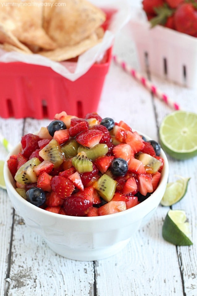 Delicious fruit salsa with easy and delicious cinnamon chips - the perfect healthy snack to satisfy your sweet tooth! 