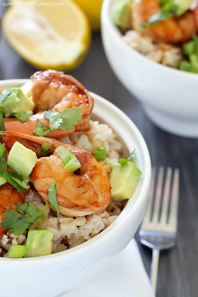 Healthy Brown Rice Bowl with Shrimp & Avocado with a delicious sauce - a light and easy dinner that will satisfy and taste great! PLUS a $500 Giveaway for Paypal cash or Amazon Gift Card! 