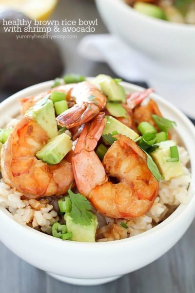 Healthy Brown Rice Bowl with Shrimp & Avocado with a delicious sauce - a light and easy dinner that will satisfy and taste great! PLUS a $500 Giveaway for Paypal cash or Amazon Gift Card!