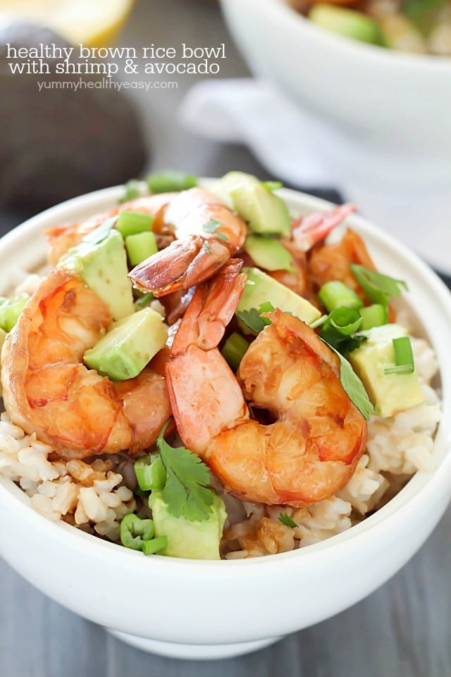 Healthy Brown Rice Bowl with Shrimp & Avocado with a delicious sauce - a light and easy dinner that will satisfy and taste great! PLUS a $500 Giveaway for Paypal cash or Amazon Gift Card! 