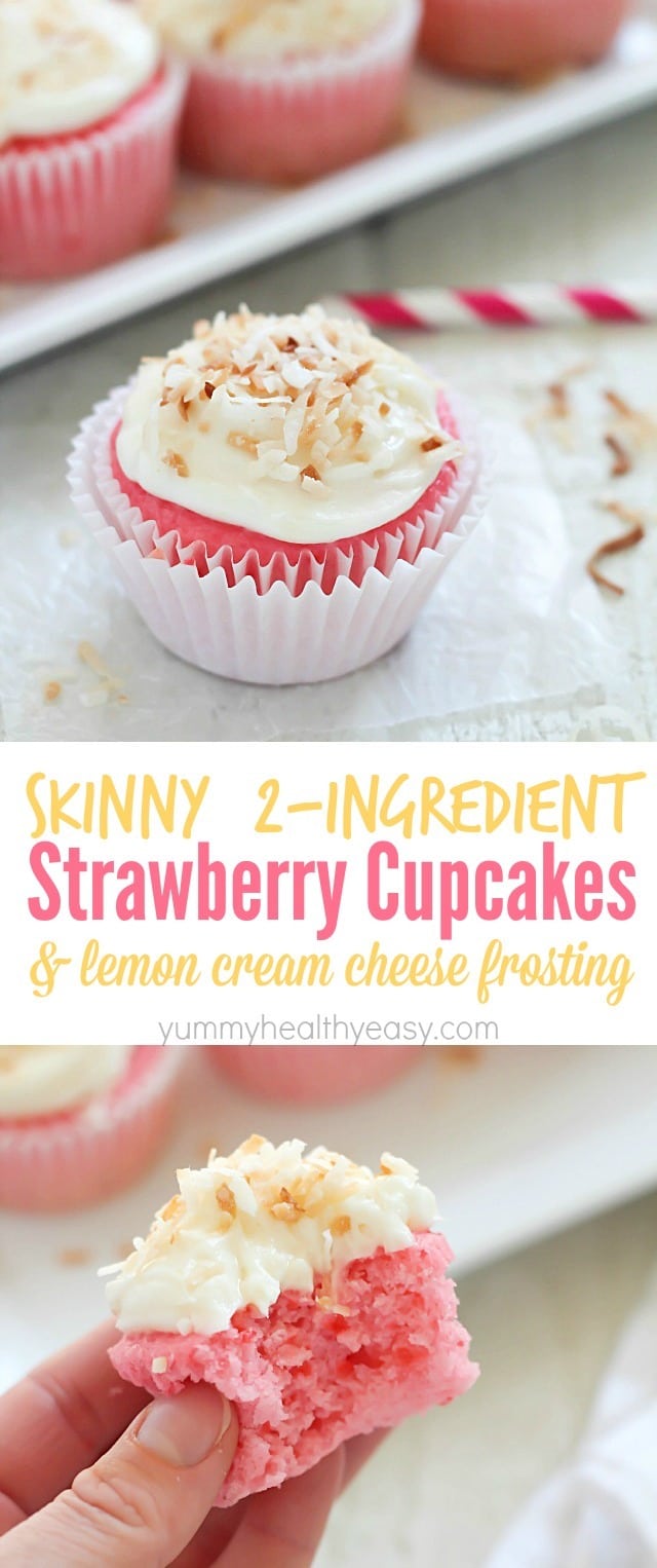 Skinny Strawberry Soda Cupcakes {with only 2 EASY ingredients...Hint, one is diet soda!} and a crazy awesome lemon cream cheese frosting! You have to try these. via @jennikolaus