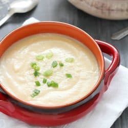 EASY Cauliflower Soup that's super healthy but doesn't taste healthy (hint: YUM!) Vegetarian, gluten-free, paleo and clean eating. So delicious!