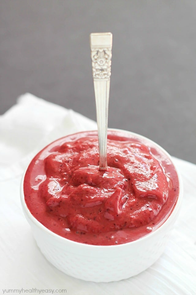 Want dessert but don't want all the calories? Here's a perfect low calorie, healthier solution - quick & easy blender sorbet! Only 2 main ingredients + a blender = easy cherry blender sorbet (aka heaven in a bowl). I make this ALL the time - it doesn't get any easier than this!