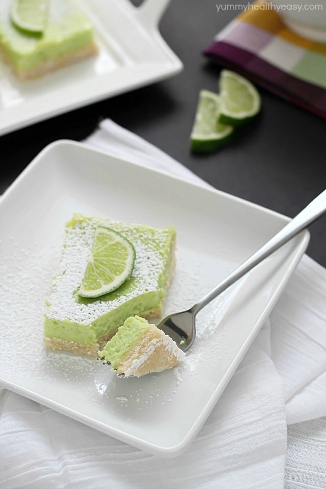 If you like lemon bars, you will love these lime bars!  The crust is delicious. The lime layer is divine, light and fluffy, almost like a meringue but full of lime flavor. And the green is perfect for St. Patrick's Day! Recipe @yummyhealthyeasy
