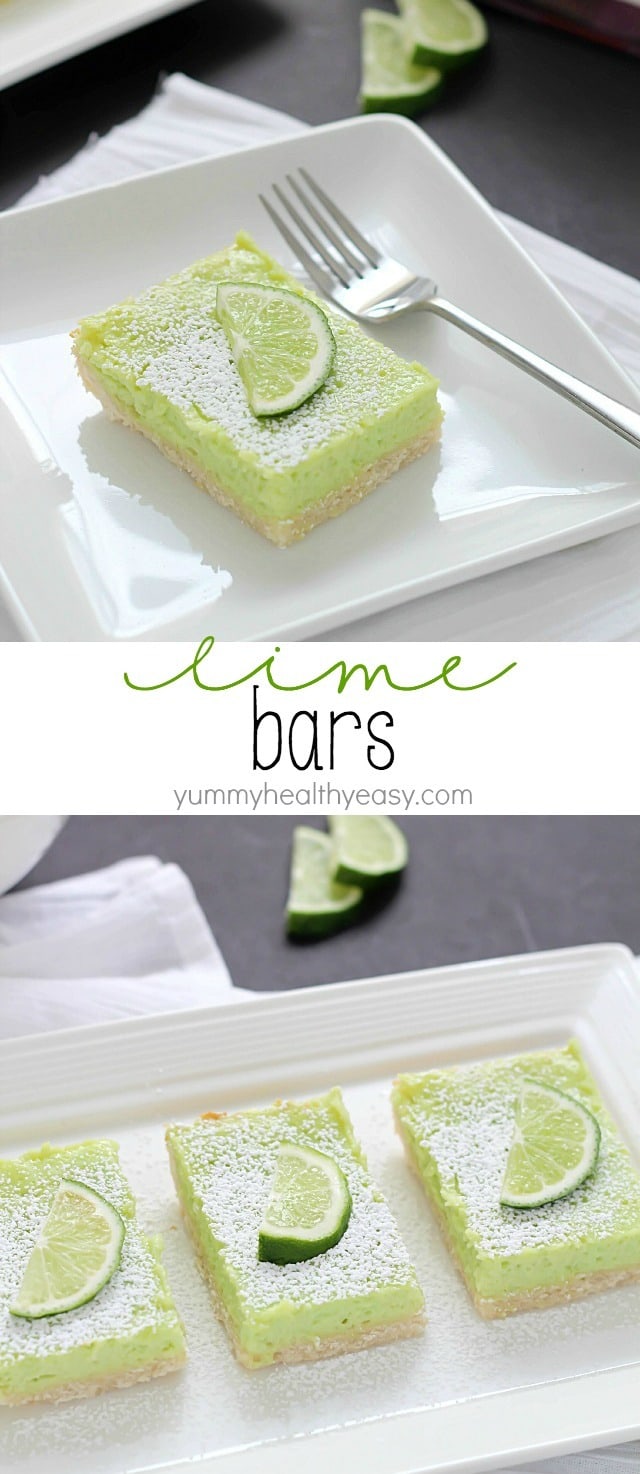 If you like lemon bars, you will love these lime bars!  The crust is delicious. The lime layer is divine, light and fluffy, almost like a meringue but full of lime flavor. And the green is perfect for St. Patrick's Day! Recipe @yummyhealthyeasy