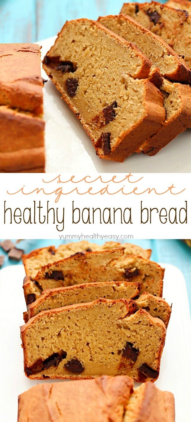 Healthy Banana Bread recipe made with a secret ingredient ;) and all in the food processor! It's moist, decadent and perfect for using up those ripe bananas laying on your counter.