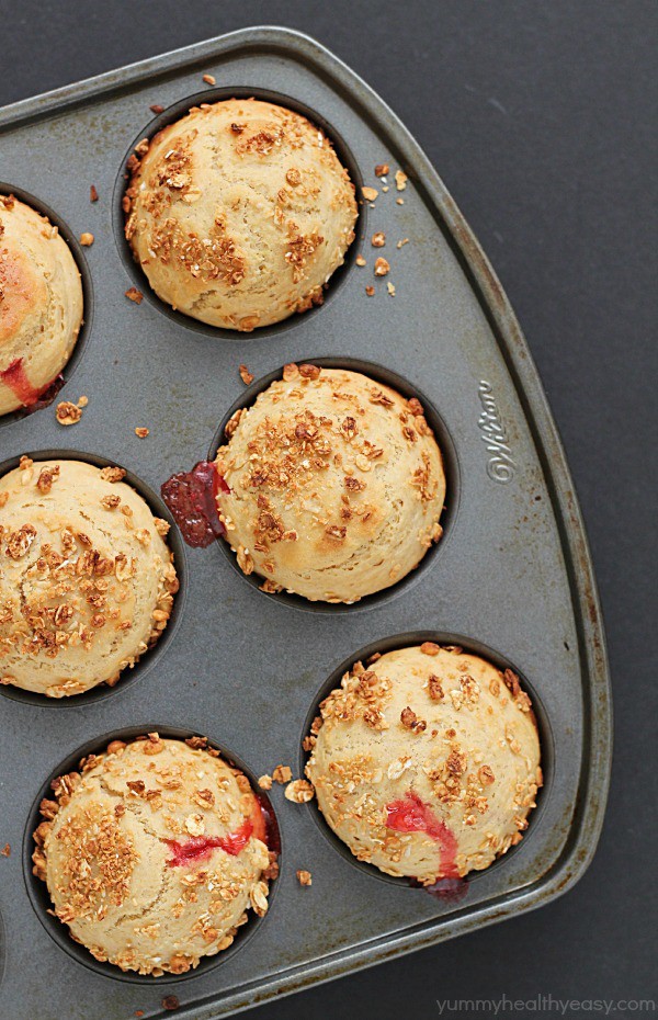 Simply delicious Strawberry Breakfast Muffins filled with strawberry jam!