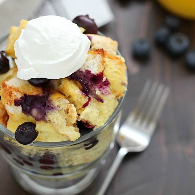What's better than french toast? Blueberry French Toast Casserole! Delicious casserole with cubes of bread and blueberries baked in an egg and orange juice mixture. Perfect for Easter breakfast... or breakfast any day!