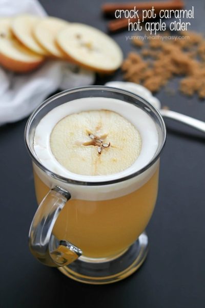 Warm, creamy, delicious caramel hot apple cider cooked right in the crock pot, and with only 4 easy ingredients!
