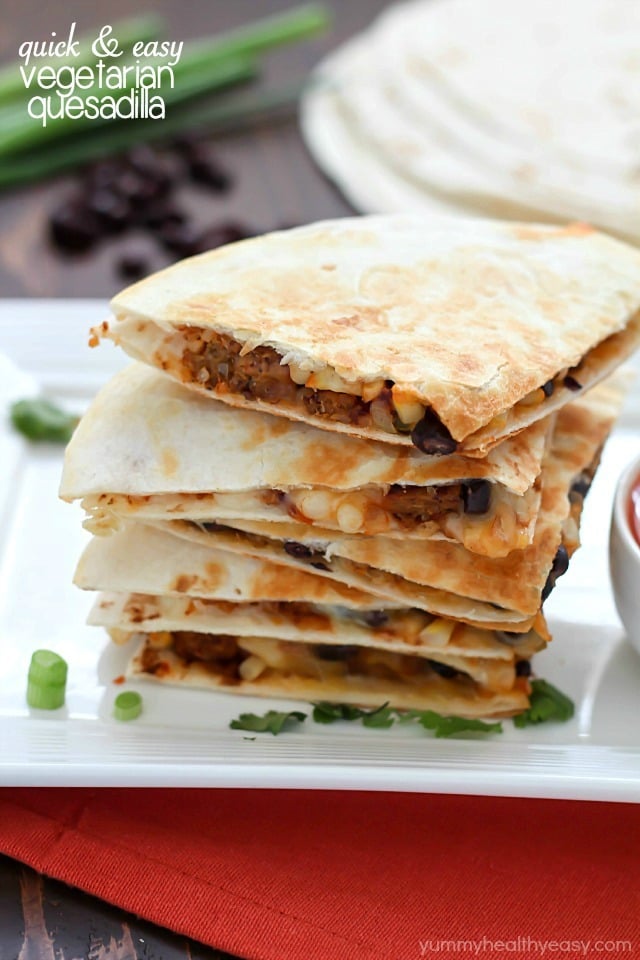 This quick & easy vegetarian quesadilla is full of healthy proteins and of course, veggies. You will love the flavor combo of black beans, corn, onions, salsa and Boca veggie patties. This is a satisfying meal that doesn't take long to make and will fill you up for hours. Plus, it tastes amazing! You won't even know it's healthy! ;) #bocaessentials #ad
