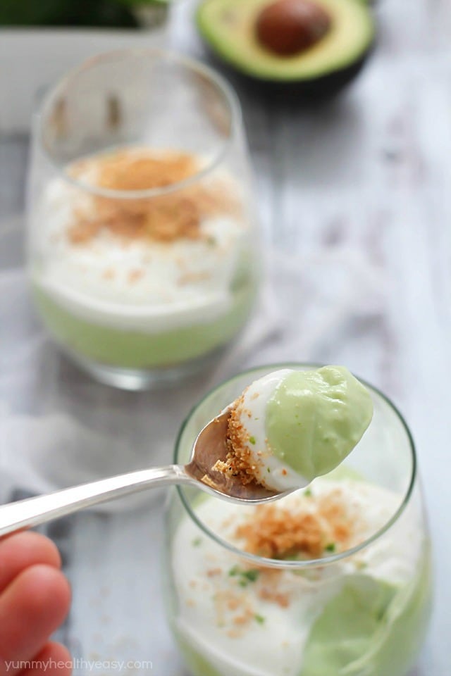 When life gives you avocados, make a parfait! Creamy, delicious No-Bake Avocado Lime Parfaits. With a layer of cinnamon graham crumbles, a rich layer of avocado and lime and a creamy yogurt topping plus some lime zest thrown on top - heaven!