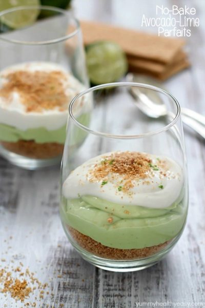 When life gives you avocados, make a parfait! Creamy, delicious No-Bake Avocado Lime Parfaits. With a layer of cinnamon graham crumbles, a rich layer of avocado and lime and a creamy yogurt topping plus some lime zest thrown on top - heaven!